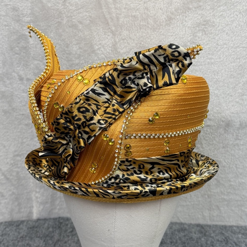 Elite Champagne Hat Bowler Womens‎ Gold Satin Leopard Rhinestone Derby Church